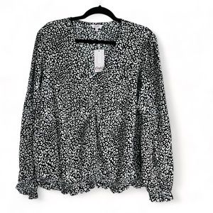 Candies Blouse Top Animal Print Ruched Front Long Sleeve Smocked Cuff and Waist
